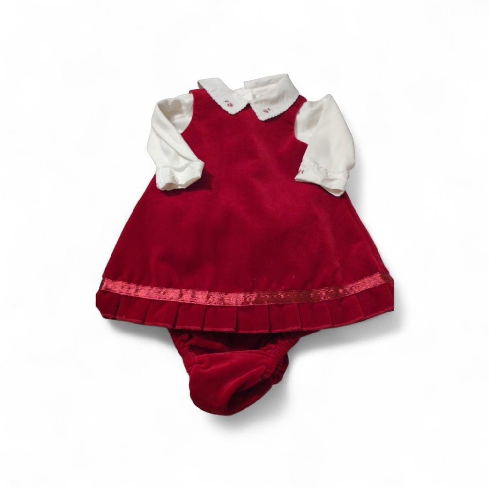 Vintage Baby Gap Velvet Dress 3/6 Months With Bloomers Embroidered Sleeves